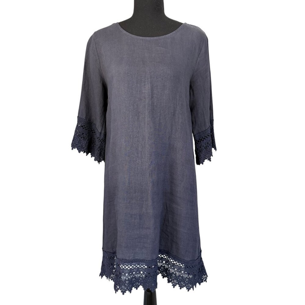 ROSEMARINE 100% Italian Linen 3/4 Sleeve Crochet Dress Blue Gray Small - Picture 3 of 13